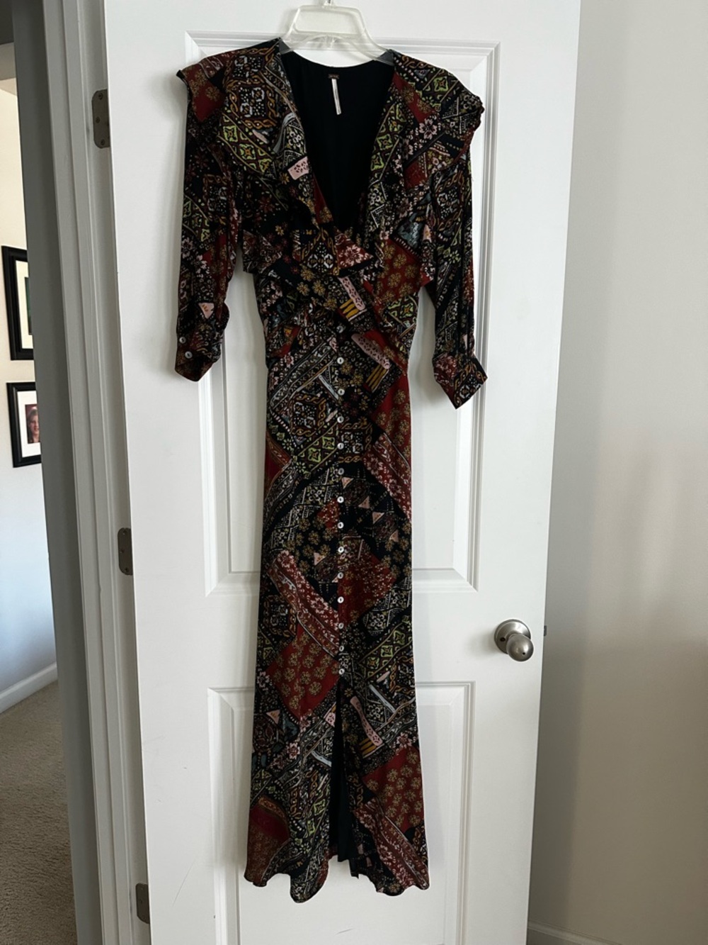Free People Black Multi-Print Button-Front Maxi with Ruffle Yoke